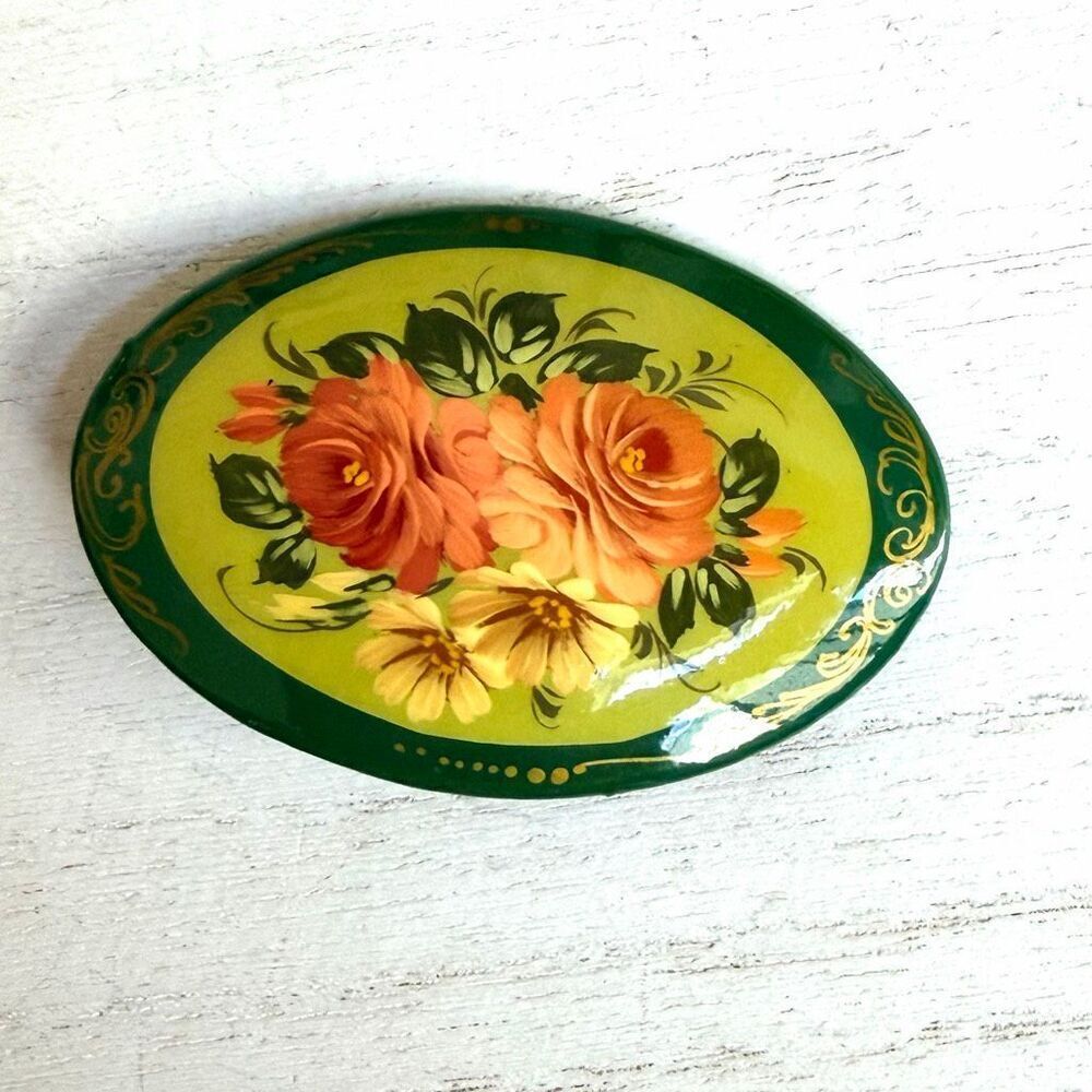 Vintage Hand Painted Russian Floral Lacquer Brooch Oval Folk Art Pin